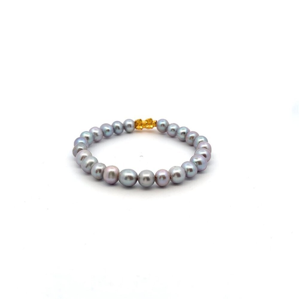 18K Gold Pixiu Piyao Bracelet Gemstones Natural Freshwater Gray Pearls - Picture 3 of 5